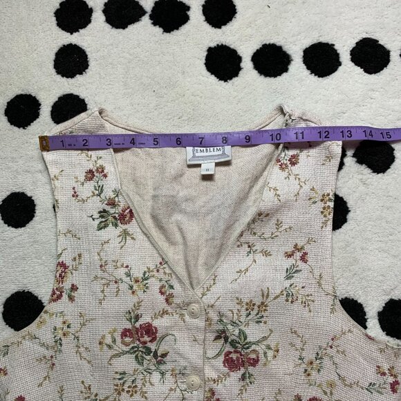 Vintage 90s Vest Medium Cream Linen Flax Rose Floral Button Front Back Tie - Picture 10 of 11